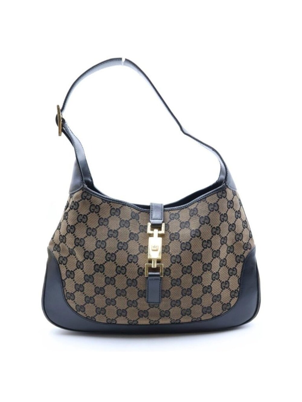 Gucci Jackie 1961 Handbag Bag Black Brown Leather Canvas Gold